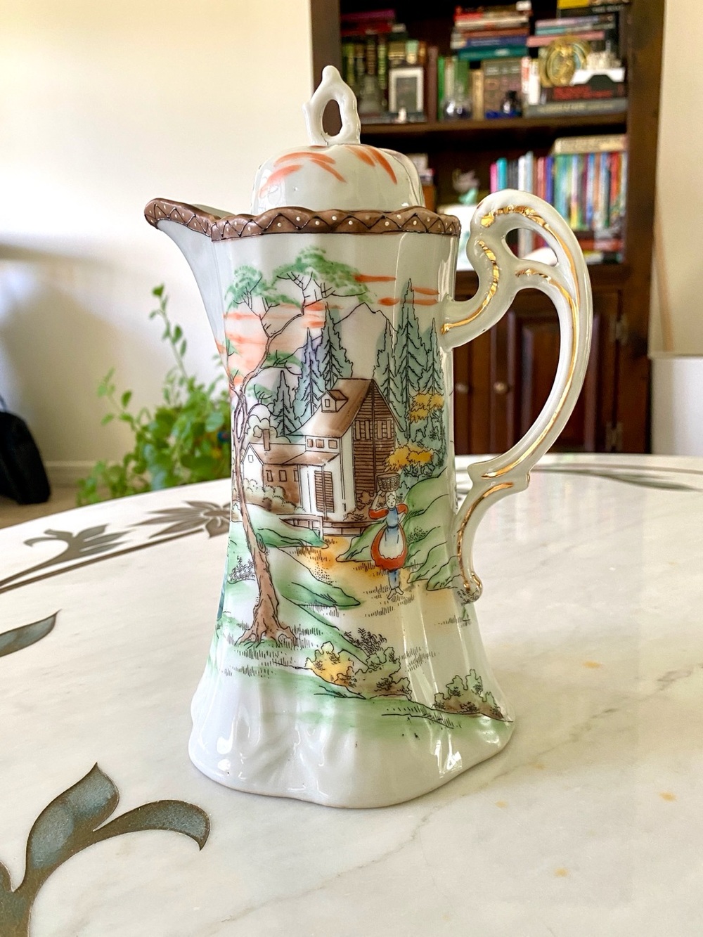Vintage Hand-Painted Nippon Porcelain Chocolate Pot Pitcher w/ Lid Gold Trim